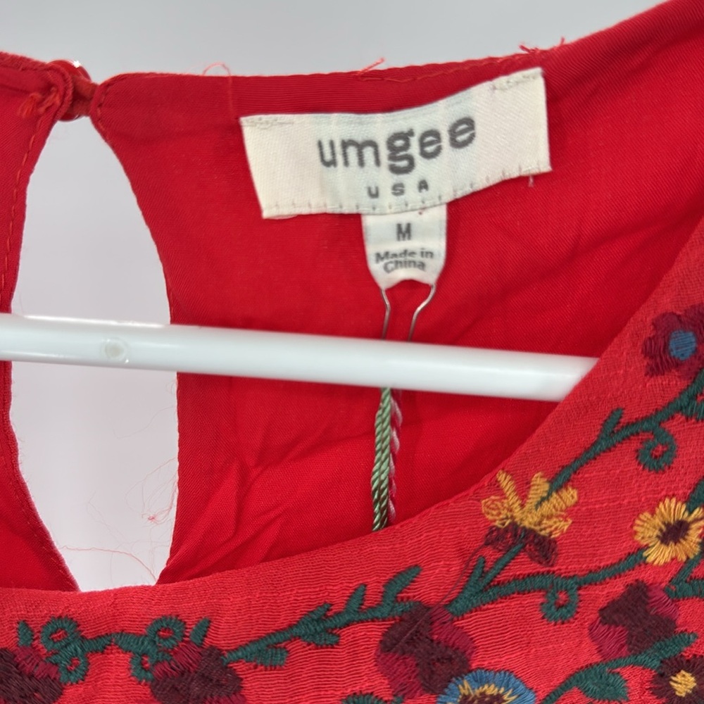 Umgee Boho Bliss Red Strawberry embroidered Floral Mini Dress M bell sleeve - Picture 5 of 13